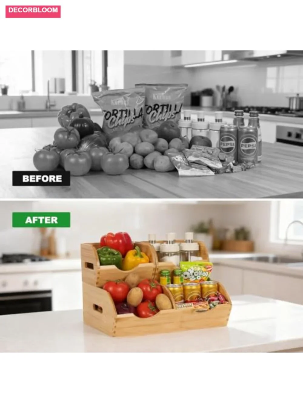 Bamboo Pantry Storage Bins Stackable Fruit Vegetable Basket Organizer